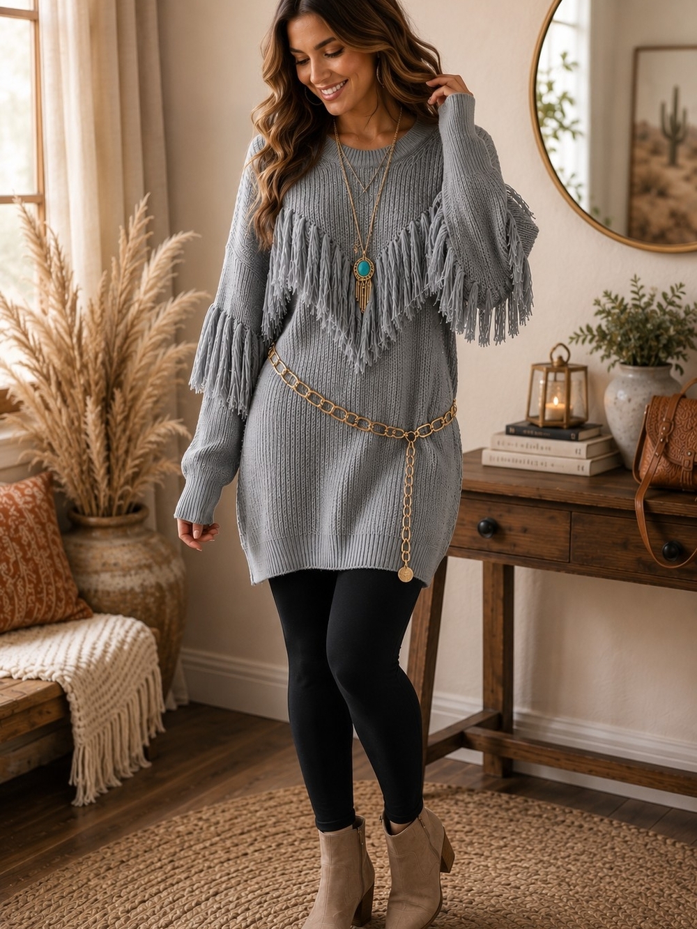 NWT FanTastic Fawn Gray Fringe Sweater Dress Boho Western Large